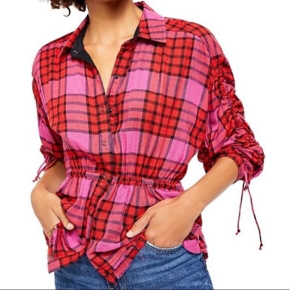 Free People Pacific Dawn Plaid Ruched Shirt Red NEW - Picture 1 of 14